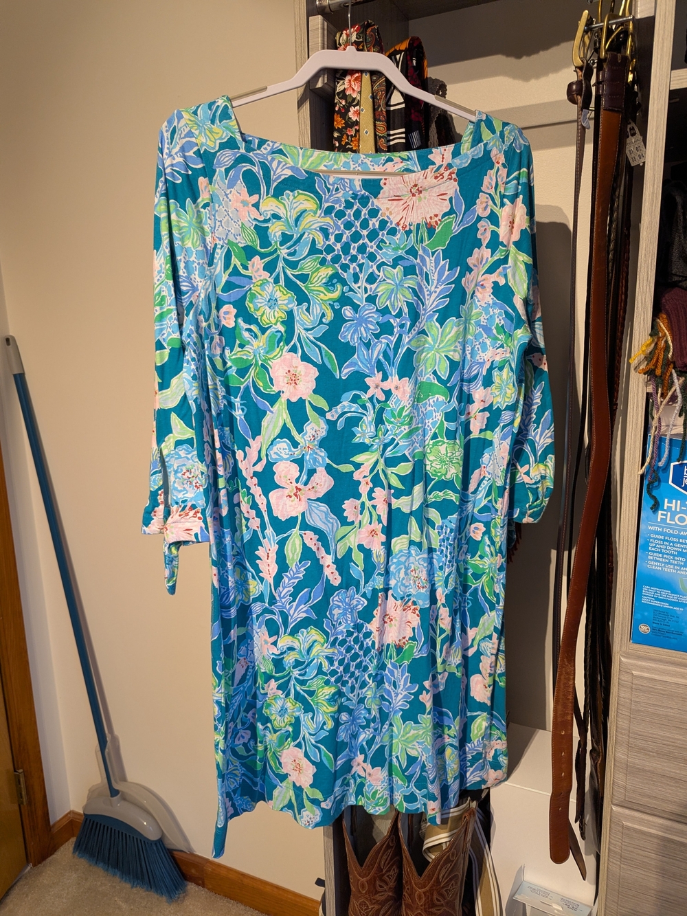 Blue Floral Boatneck Women's Dress